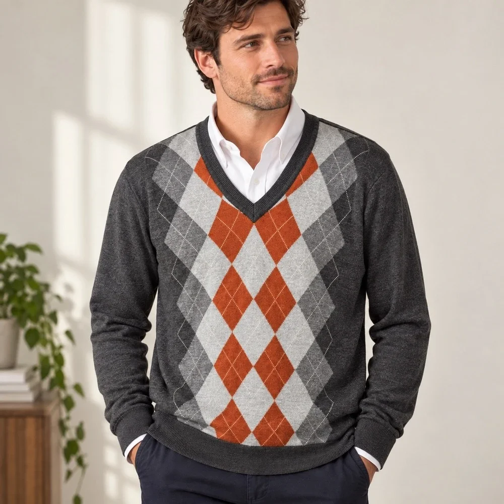 Banana Republic Mens XL 100% Merino Wool Argyle V-Neck Sweater Gray Charcoal